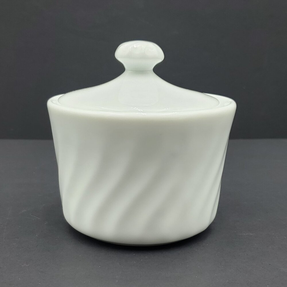 Corning White Swirl Sugar Bowl with Knob Lid Corelle White Stoneware Sugar Bowl